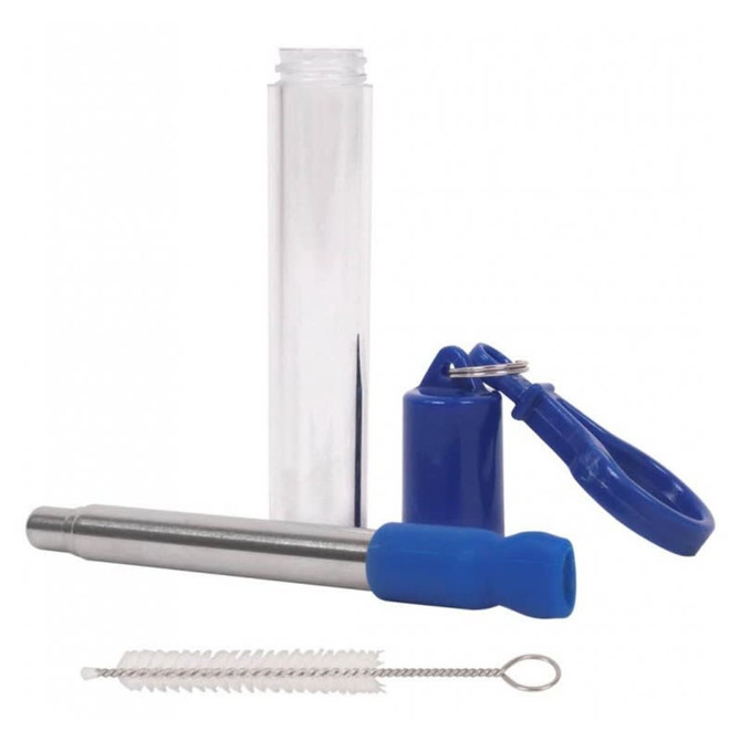 A stainless steel telescopic straw in silver with a blue silicone tip, housed in a clear tube, along with a cleaning brush.