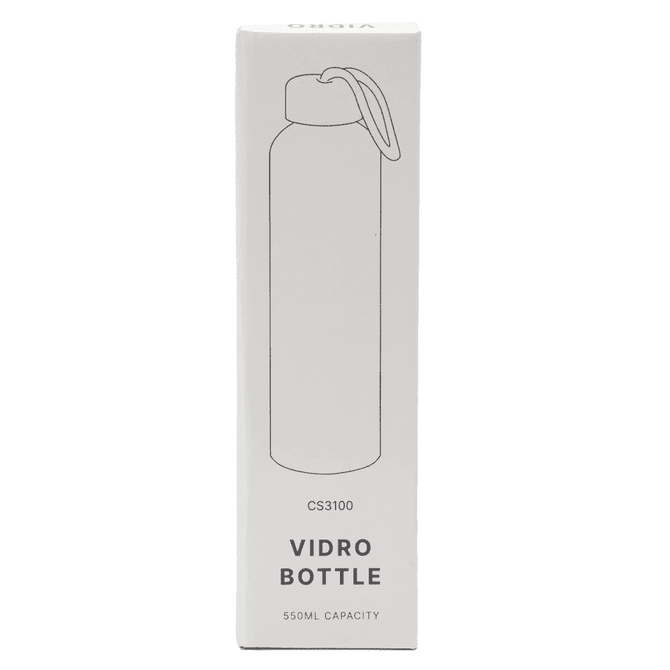 A drink bottle with a sleek design, featuring a lid and an attached carrying loop, in white packaging.