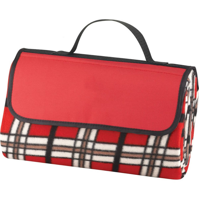 A red and black checkered picnic rug with a foldable design and carrying handle. It has a protective outer layer.