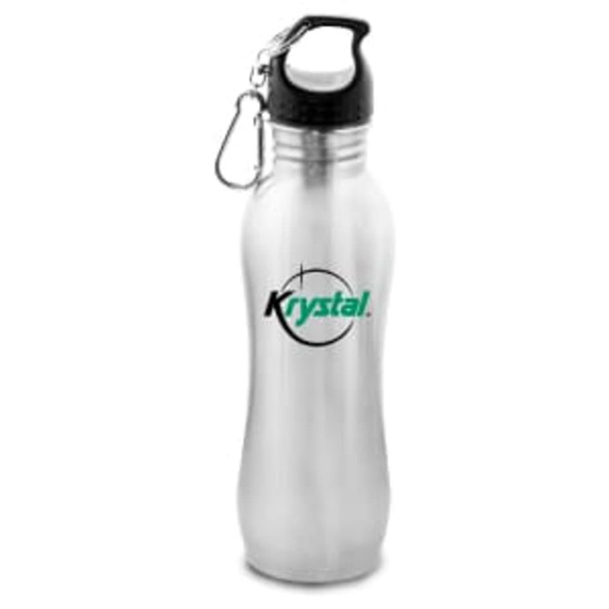 A drink bottle made of stainless steel featuring a black lid and a detachable clip. It has a logo on the surface.