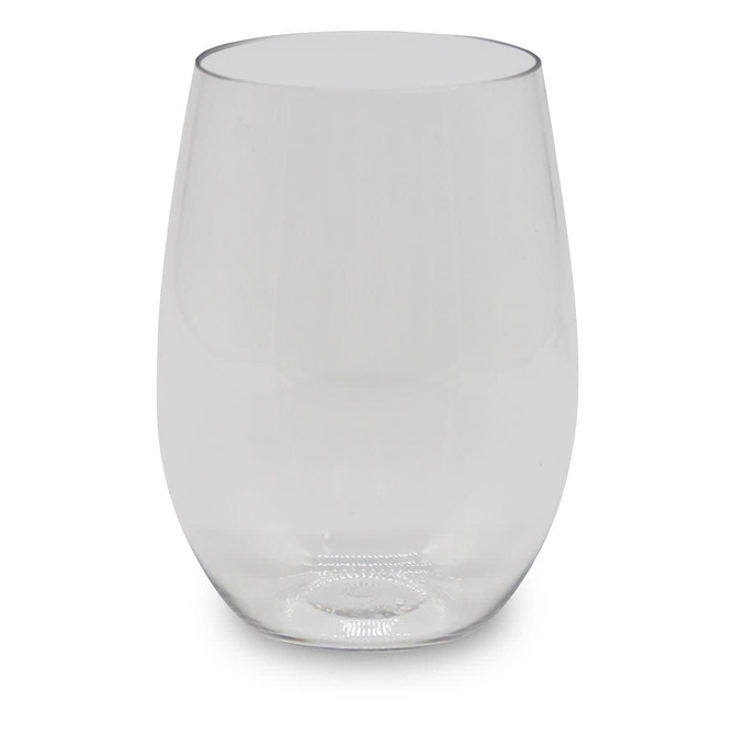 A clear, stemless shatterproof red wine glass with a smooth and rounded shape, designed for casual use.