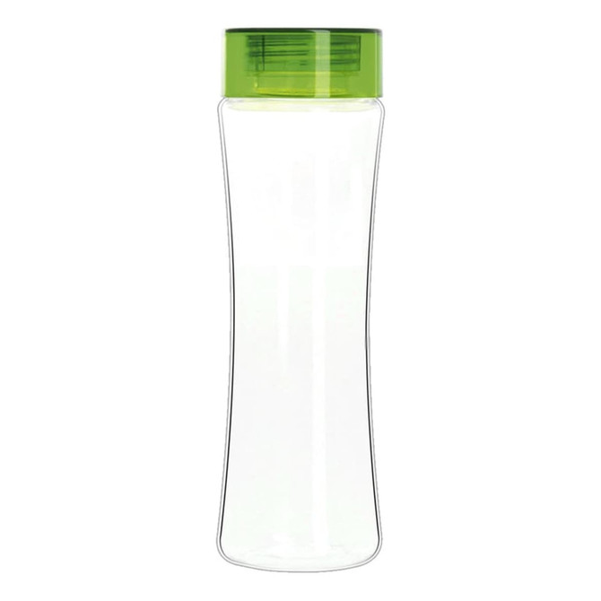 A drink bottle with a transparent body and a green lid. It has a simple, modern design and includes a logo.