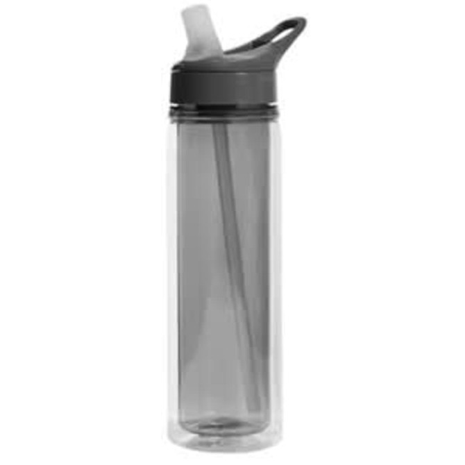 A drink bottle in transparent grey Tritan with a black lid and straw, featuring a logo.