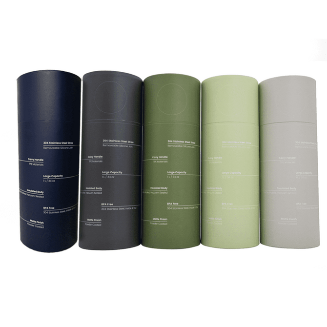 A drink bottle collection featuring navy, dark grey, olive green, light green, and grey colours, each with a logo.