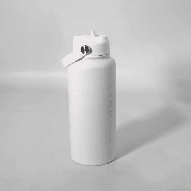 A drink bottle in white with a screw-top lid and a logo. Lightweight and designed for easy handling.