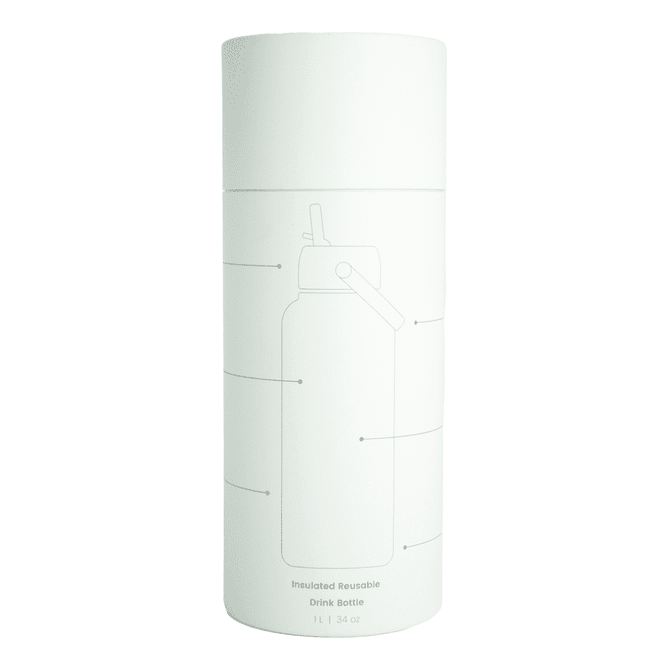 A drink bottle featuring a simple design, presented in a cylindrical container, primarily white in colour. It has a logo.