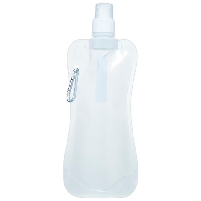 A drink bottle in clear material with a spray nozzle and a carabiner attachment. Features a curved design.