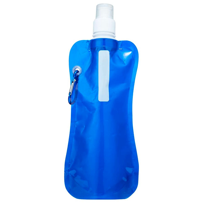A drink bottle in a translucent blue design with a spray nozzle and a carabiner clip. Branding is visible.