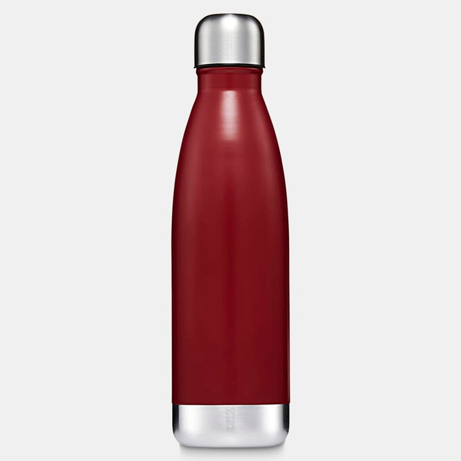 A drink bottle in maroon with a stainless steel base and cap, featuring a sleek, rounded shape and a logo.
