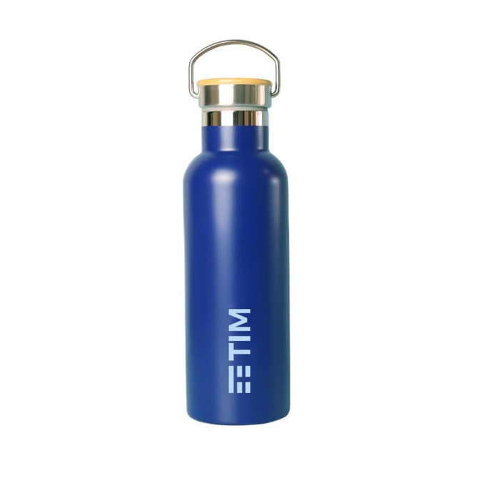 A drink bottle in navy blue with a stainless steel top and a metal carry handle, featuring a logo.