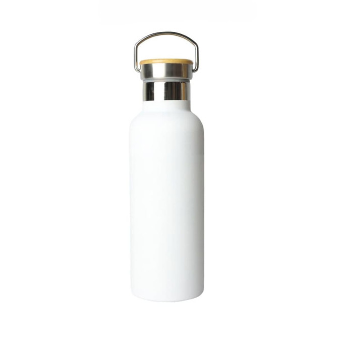 A drink bottle in white with a stainless steel cap and a wooden handle, featuring a logo on the side.