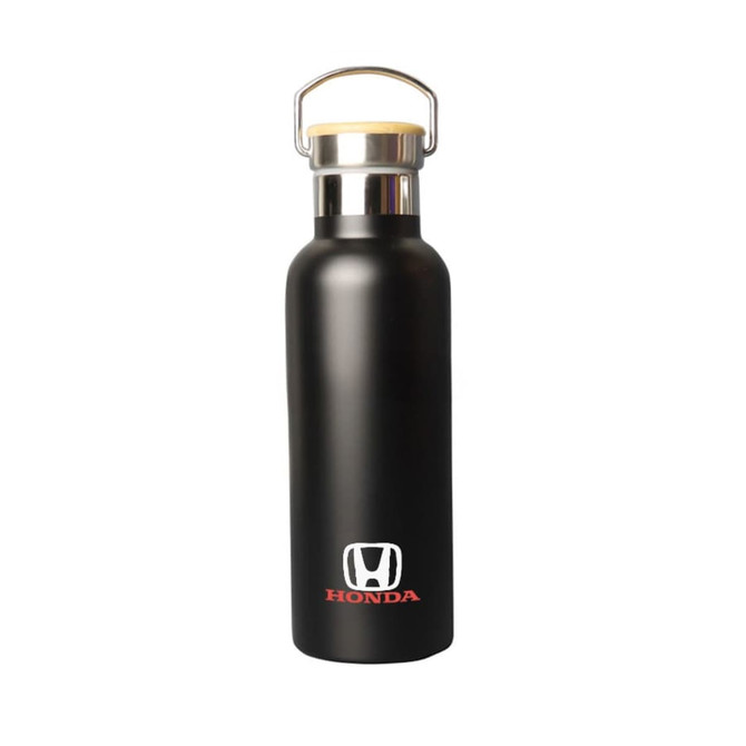 A drink bottle in matte black with a stainless steel lid and a wooden accent, featuring a logo.