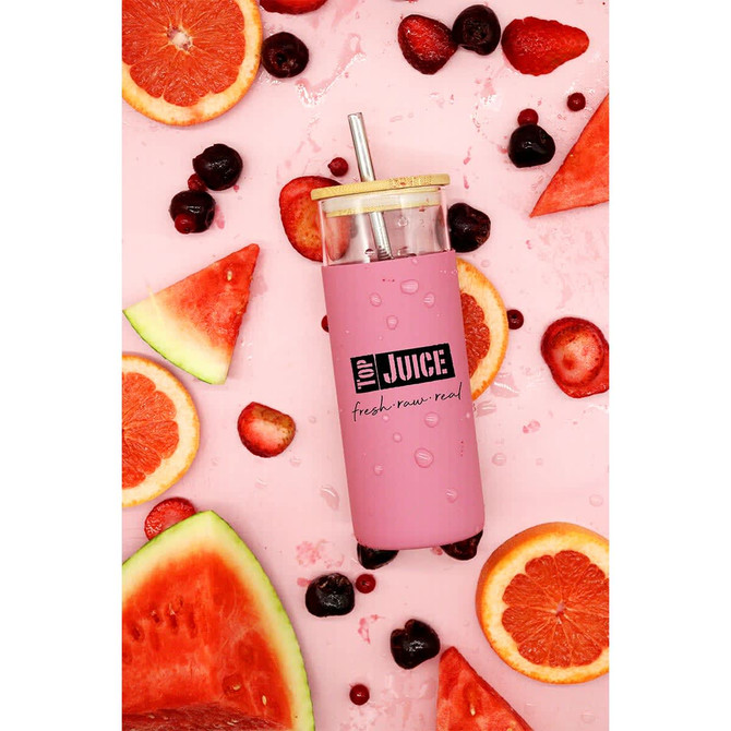 A drink bottle with a pink exterior, wooden lid, and metal straw, surrounded by fresh fruit slices and berries.