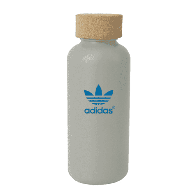 A drink bottle with a matte grey body and a cork lid, featuring a blue logo.