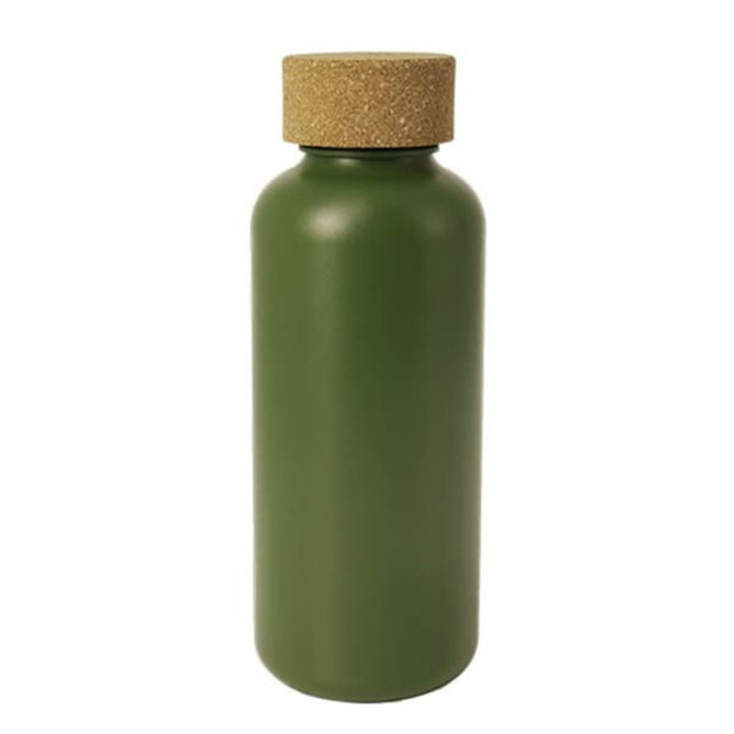 A drink bottle in matte green with a cork lid, featuring a simple design and a logo on the body.