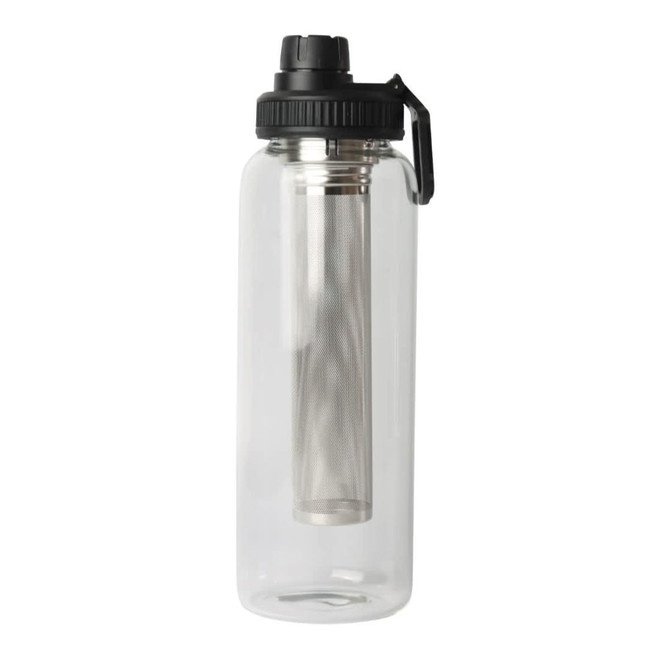 A drink bottle with a clear body, black lid, and stainless steel tea infuser inside. It features a branding logo.