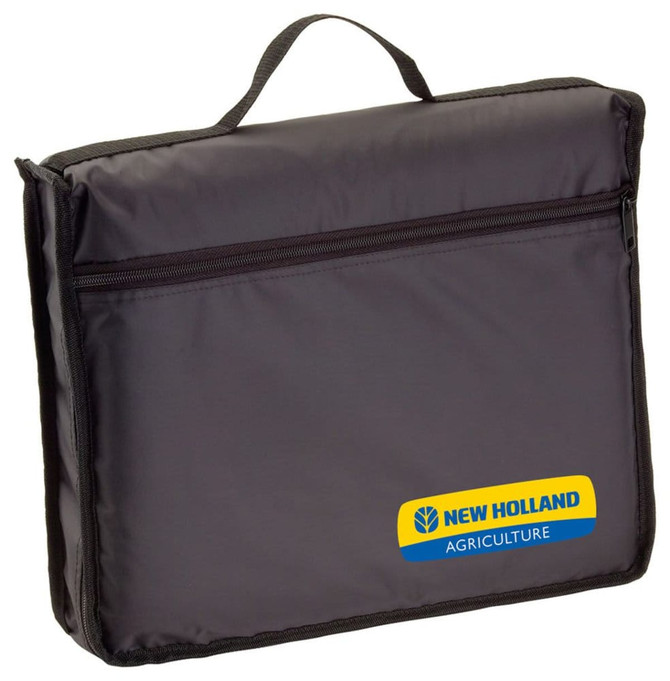 A black picnic rug in a carry bag, featuring a logo on the front and a zip closure.