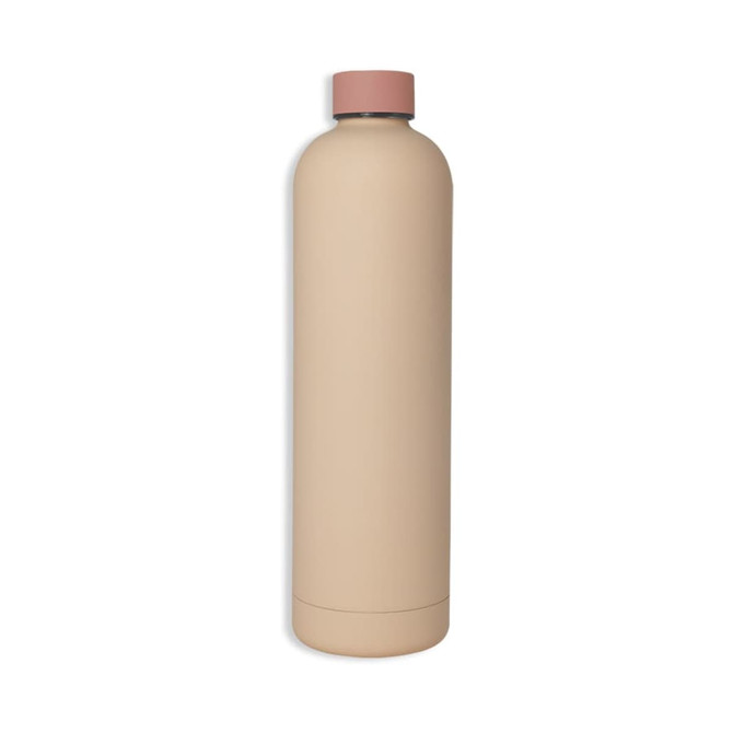 A drink bottle in a muted beige colour with a pink cap, featuring a logo on its surface.
