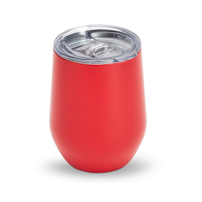 A red plastic tumbler with a clear lid, featuring a smooth, Zen mirror finish. It also has a logo on its surface.