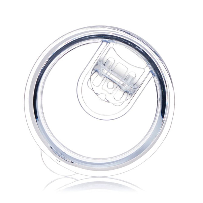 A clear drink bottle lid with a smooth, reflective finish, featuring a convenient opening mechanism.