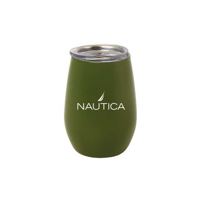 A drink cup in olive green with a stainless steel lid and a logo on the front.