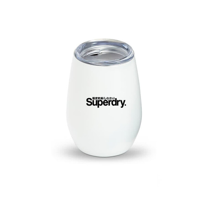 A drink bottle in white with a stainless steel lid, featuring a logo. Ideal for holding beverages.