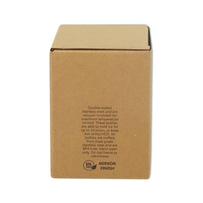 A cardboard box featuring a drinkware product, with a plain brown exterior and printed information on the back.