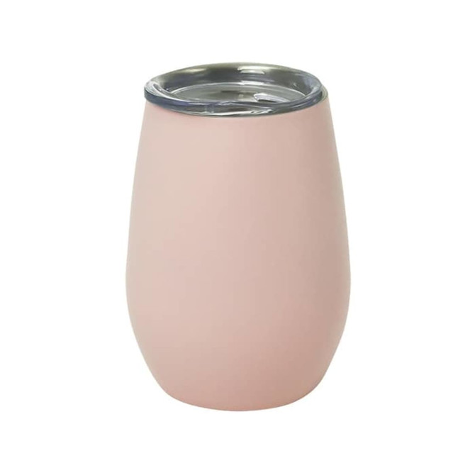 A drink bottle in a soft pink colour with a stainless steel rim and a logo on the surface.