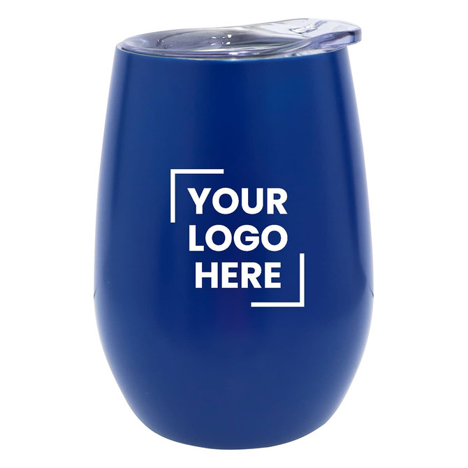 A drink bottle in blue with a lid and a logo on the front, designed for ease of use.