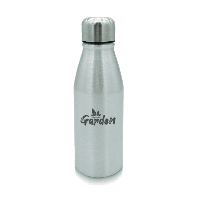 A drink bottle in silver aluminium with a stainless-steel screw top and a logo printed on the side.