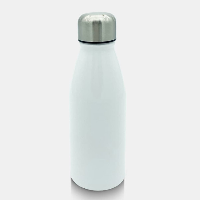 A drink bottle in white with a stainless steel cap and a branded logo. Ideal for hydration on the go.