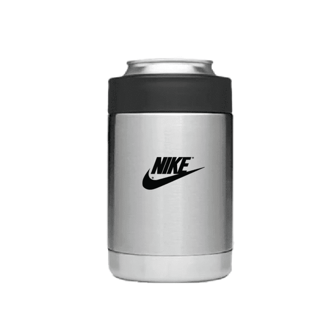 A stainless steel stubby cooler with a black top and a logo. Suitable for holding cans.