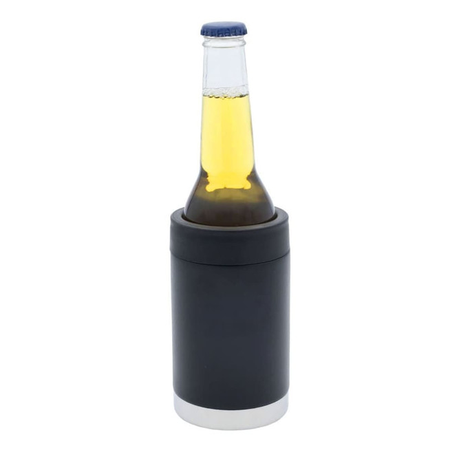 A black stubby cooler with a silver base holding a beer bottle. It features a simple design and includes branding.