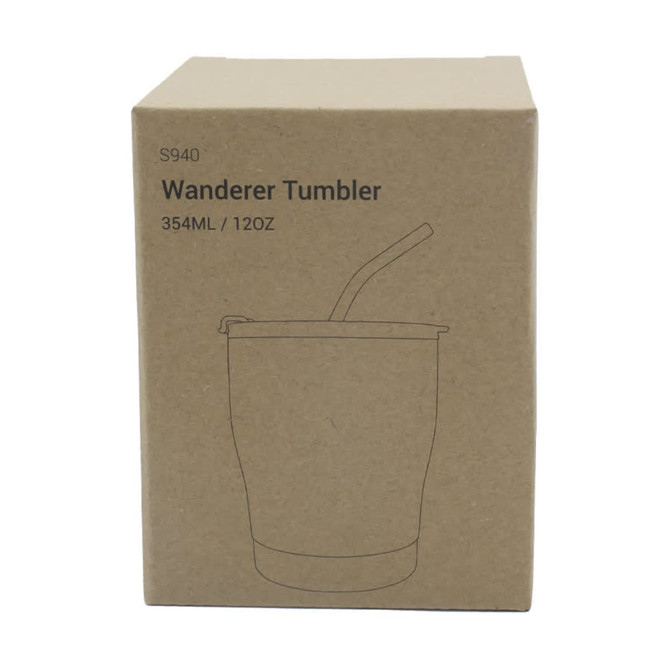 A drink bottle in a cardboard box featuring a tumbler design, with a straw, in a neutral colour.
