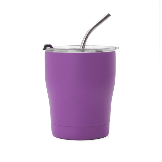 A drink bottle in vibrant purple with a stainless steel straw and a clear lid. It features a logo on the side.