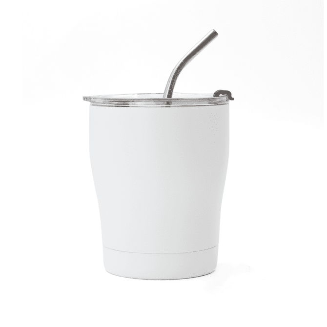 A drink bottle in white with a clear lid and stainless steel straw, featuring a logo on the surface.