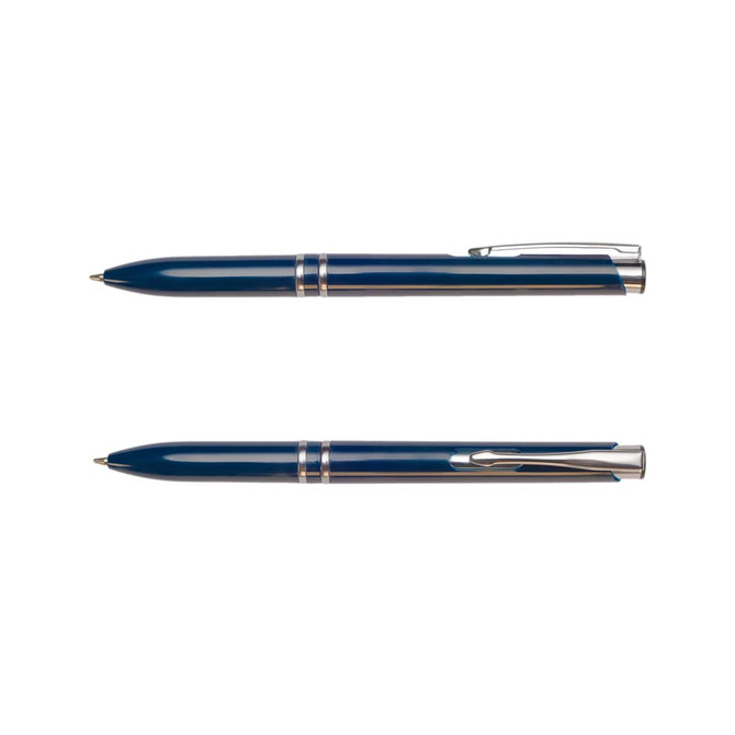 A navy blue pen with silver accents and a clip, featuring a sleek design and a branding logo.