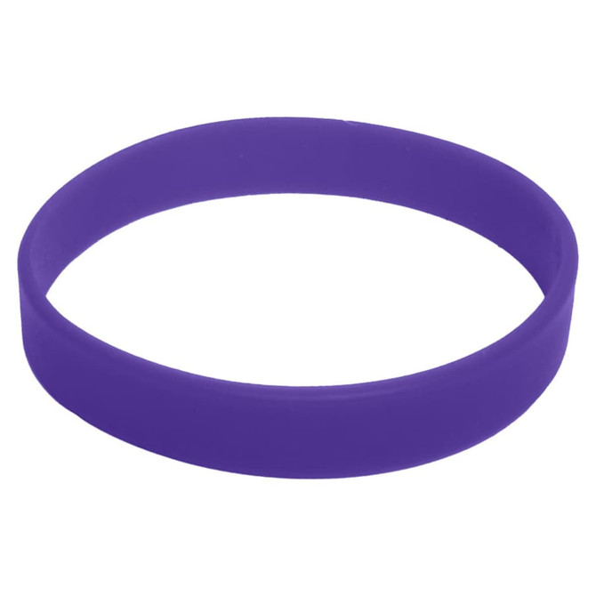 A purple silicone wristband featuring a simple design and a smooth finish. It includes a logo.