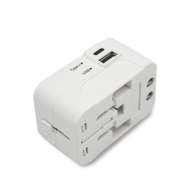 A white universal travel adapter with USB ports and retractable prongs, featuring a compact design.