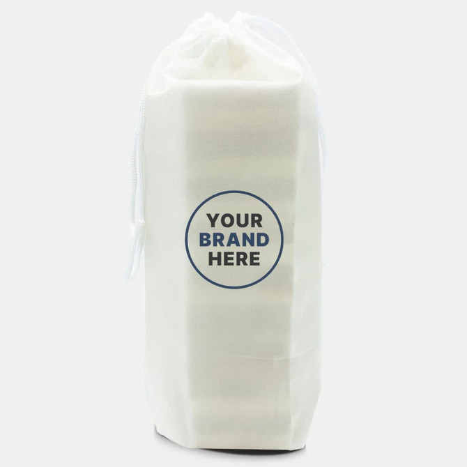 A stacking puzzle set in a white pouch, featuring a circular logo on the front.