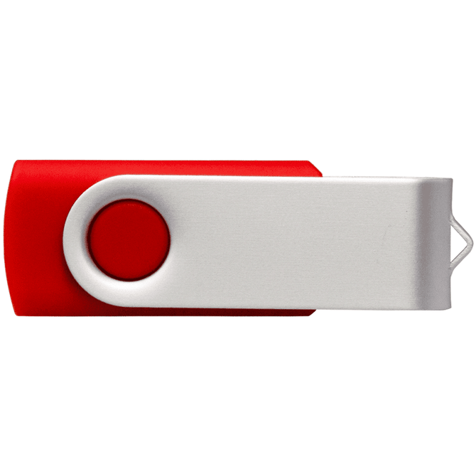 A red and silver USB flash drive with a swivelling cover and a circular button, featuring a logo.
