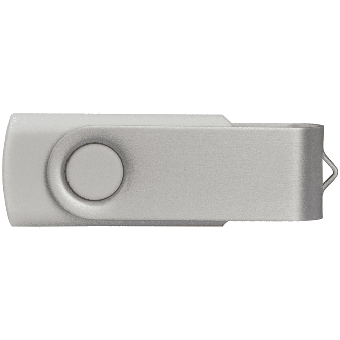 A silver and grey USB flash drive with a rotating design and a detachable clip. It has a branding logo.
