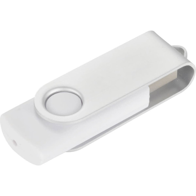 A white rotate USB flash drive, 16GB capacity, featuring a clip design and a logo.