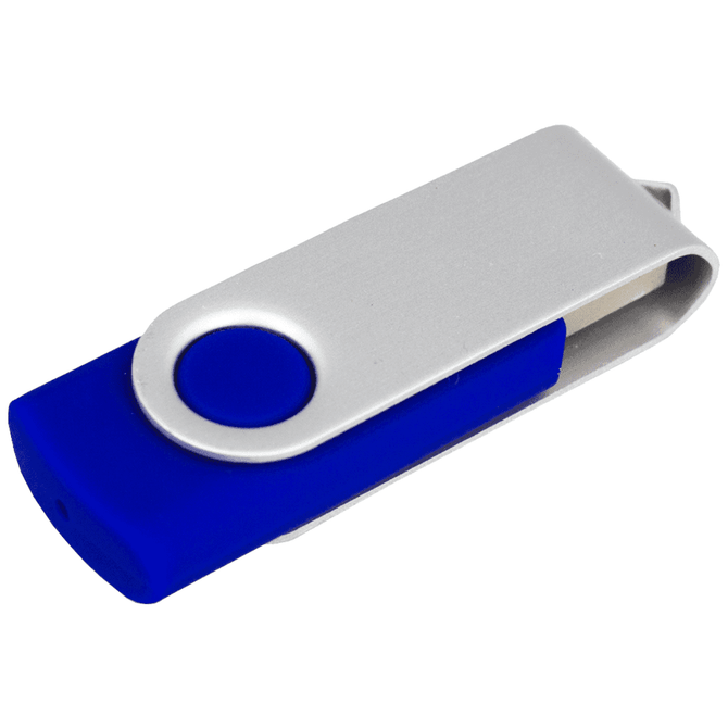 A blue and silver USB flash drive, featuring a rotating design and 16GB storage capacity.