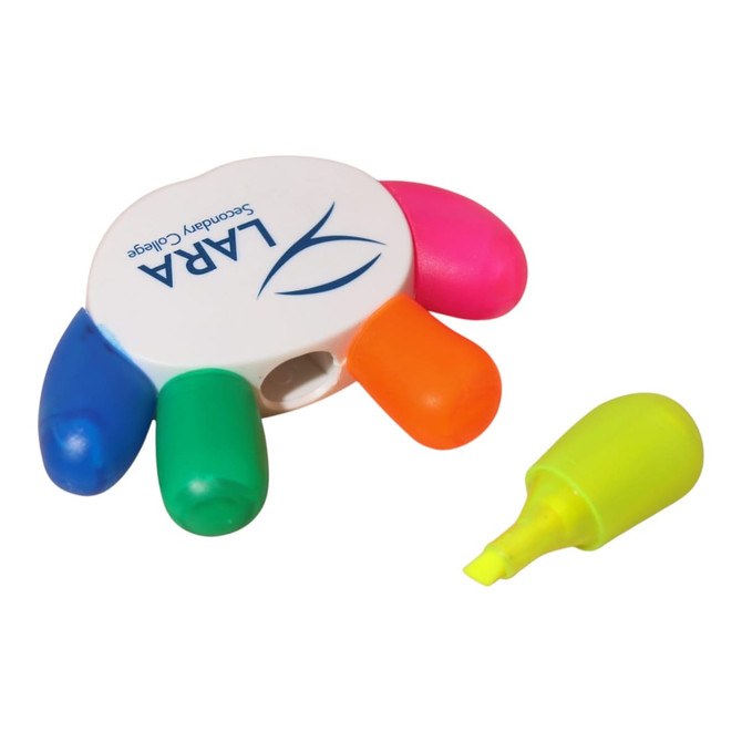 A set of five highlighters in pink, green, blue, orange, and yellow, with a circular white holder featuring a logo.