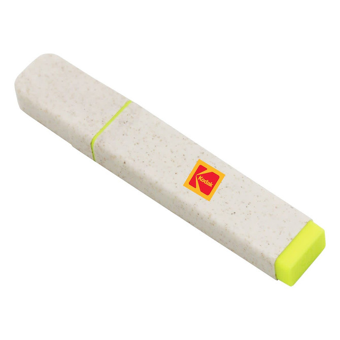 An eco-friendly highlighter in a speckled beige case with a bright yellow tip and a branding logo.