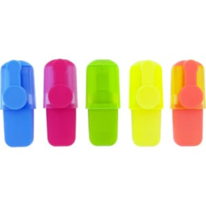 A drink bottle filled with five highlighters in blue, pink, green, yellow, and orange, with a logo on the bottle.