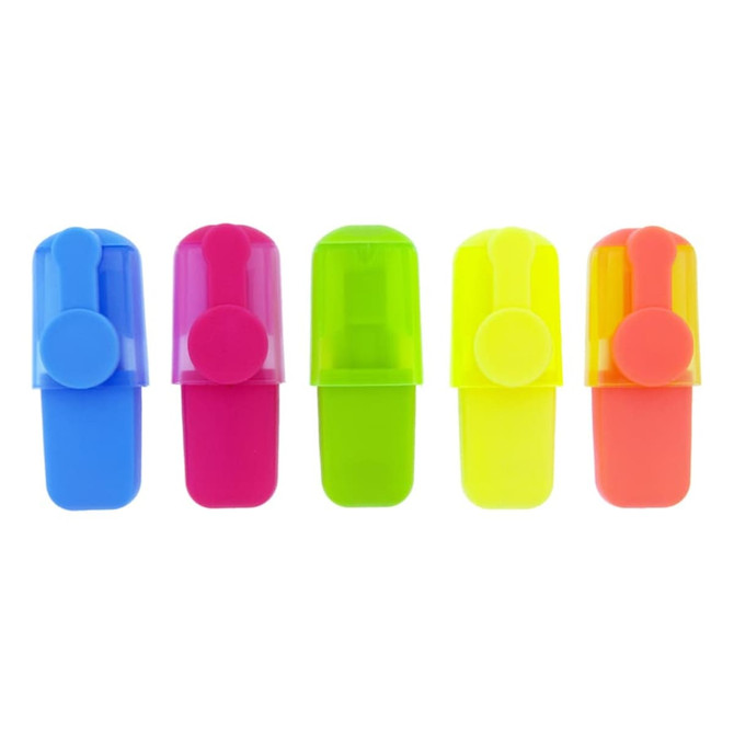 A collection of five highlighters in blue, pink, green, yellow, and orange, arranged side by side. The image includes a branding logo.
