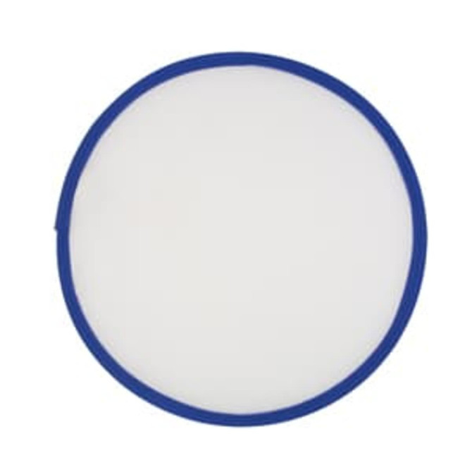 A fold-up flying disc with a blue edge and a white centre, featuring a logo.
