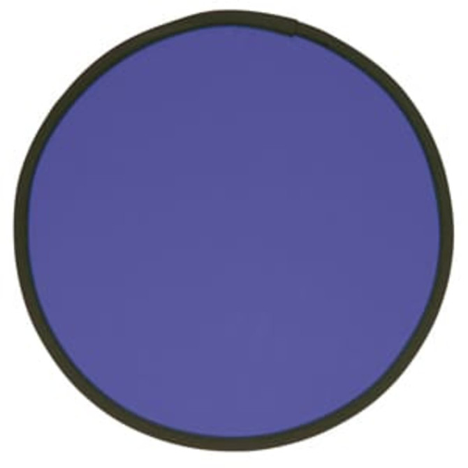 A fold up flying disc in a vibrant purple colour with a black edge and a branding logo.